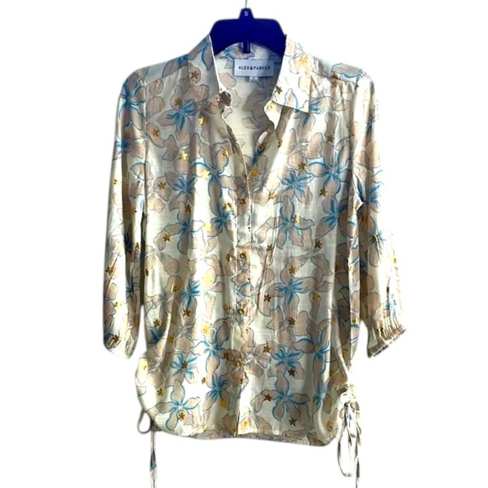 ALEX & PARKER NWOT Women’s Beige Floral Gold 3/4 Sleeve Button Front Top Size S
